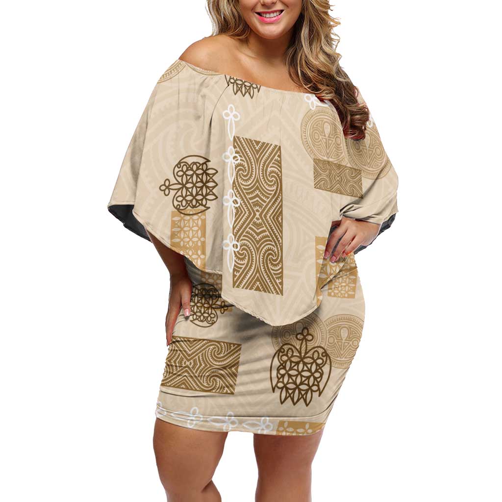 Vintage Lapita Off Shoulder Short Dress Iconic Double Face Pattern Beige