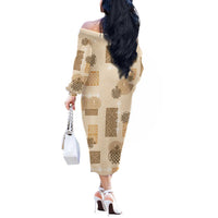 Vintage Lapita Off The Shoulder Long Sleeve Dress Iconic Double Face Pattern Beige