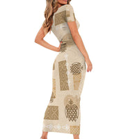 Vintage Lapita Short Sleeve Bodycon Dress Iconic Double Face Pattern Beige