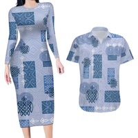 Vintage Lapita Couples Matching Long Sleeve Bodycon Dress and Hawaiian Shirt Iconic Double Face Pattern Blue