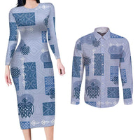 Vintage Lapita Couples Matching Long Sleeve Bodycon Dress and Long Sleeve Button Shirt Iconic Double Face Pattern Blue