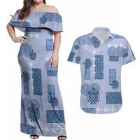 Vintage Lapita Couples Matching Off Shoulder Maxi Dress and Hawaiian Shirt Iconic Double Face Pattern Blue