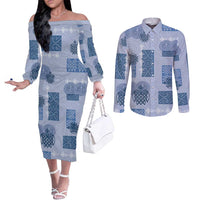 Vintage Lapita Couples Matching Off The Shoulder Long Sleeve Dress and Long Sleeve Button Shirt Iconic Double Face Pattern Blue