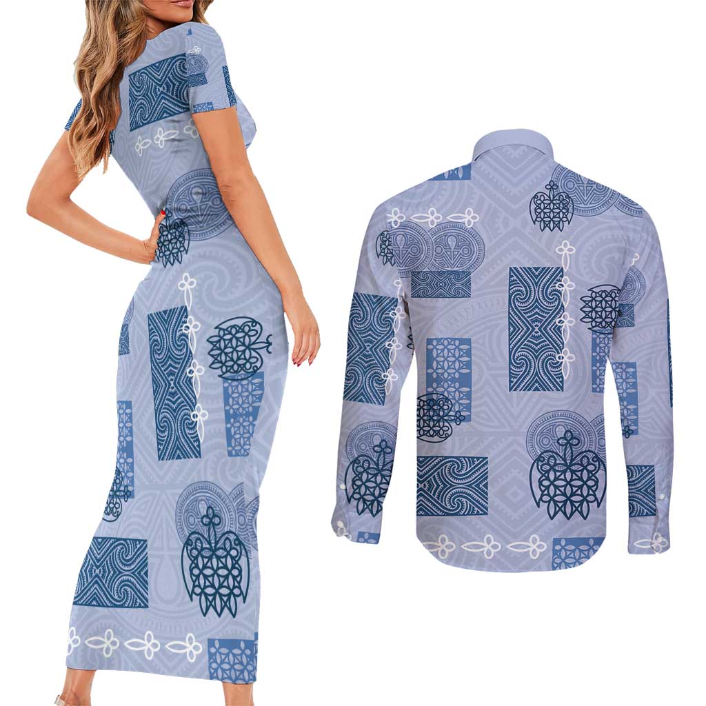Vintage Lapita Couples Matching Short Sleeve Bodycon Dress and Long Sleeve Button Shirt Iconic Double Face Pattern Blue
