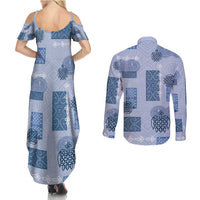 Vintage Lapita Couples Matching Summer Maxi Dress and Long Sleeve Button Shirt Iconic Double Face Pattern Blue