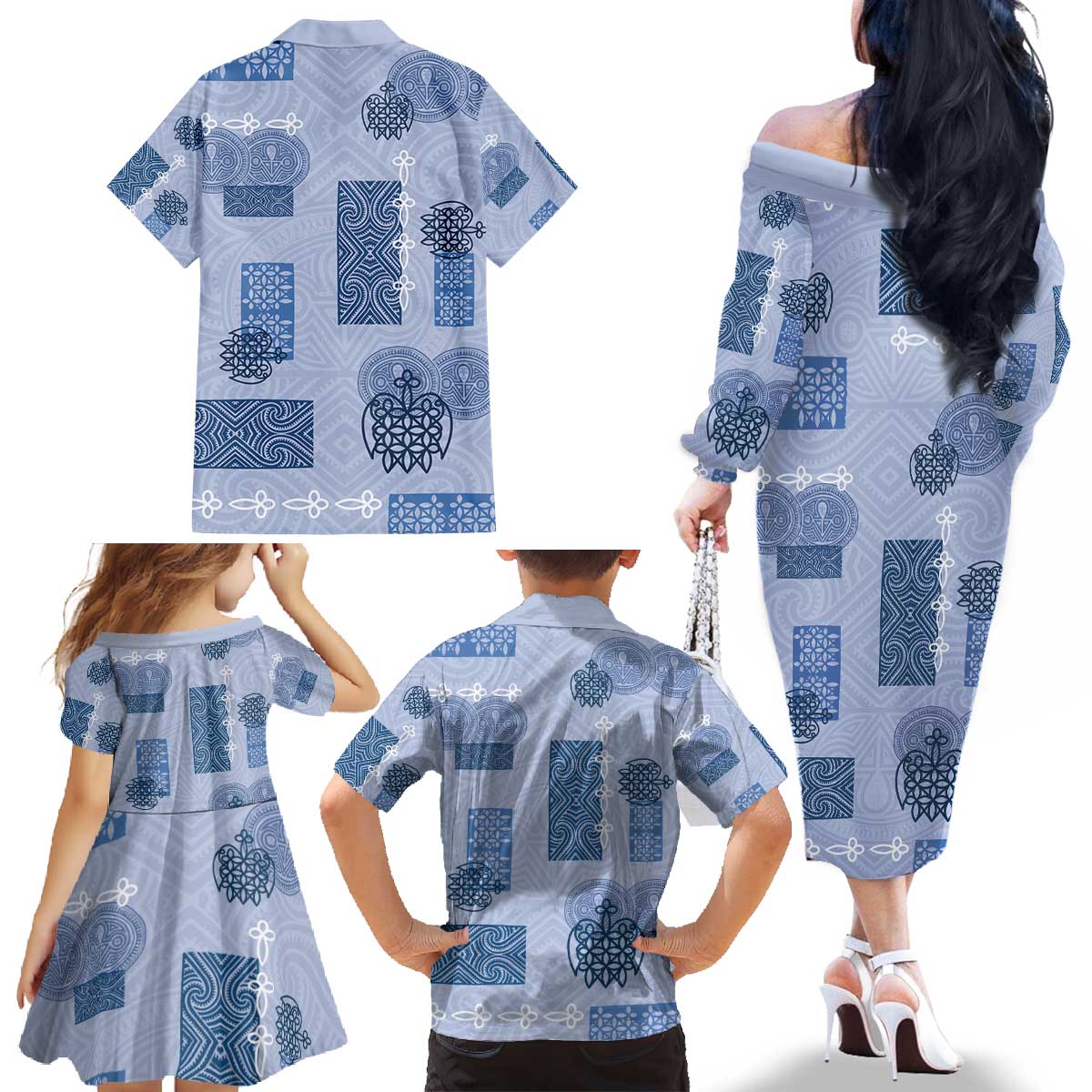 Vintage Lapita Family Matching Off The Shoulder Long Sleeve Dress and Hawaiian Shirt Iconic Double Face Pattern Blue