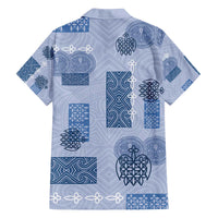 Vintage Lapita Family Matching Off The Shoulder Long Sleeve Dress and Hawaiian Shirt Iconic Double Face Pattern Blue