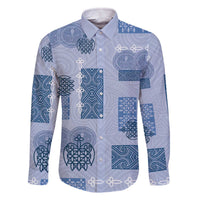 Vintage Lapita Family Matching Off The Shoulder Long Sleeve Dress and Hawaiian Shirt Iconic Double Face Pattern Blue