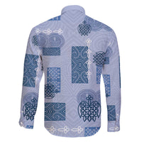 Vintage Lapita Family Matching Off The Shoulder Long Sleeve Dress and Hawaiian Shirt Iconic Double Face Pattern Blue