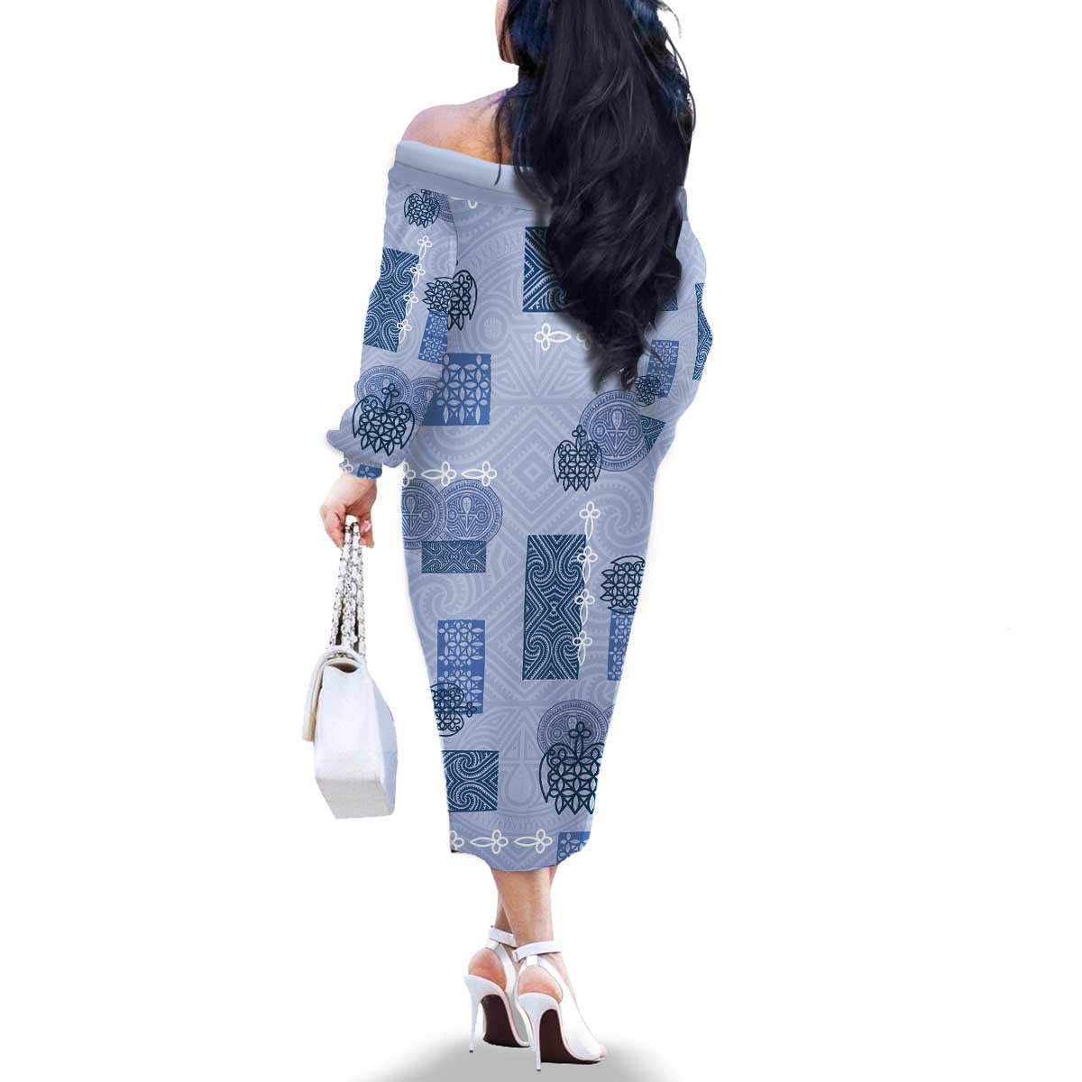 Vintage Lapita Family Matching Off The Shoulder Long Sleeve Dress and Hawaiian Shirt Iconic Double Face Pattern Blue