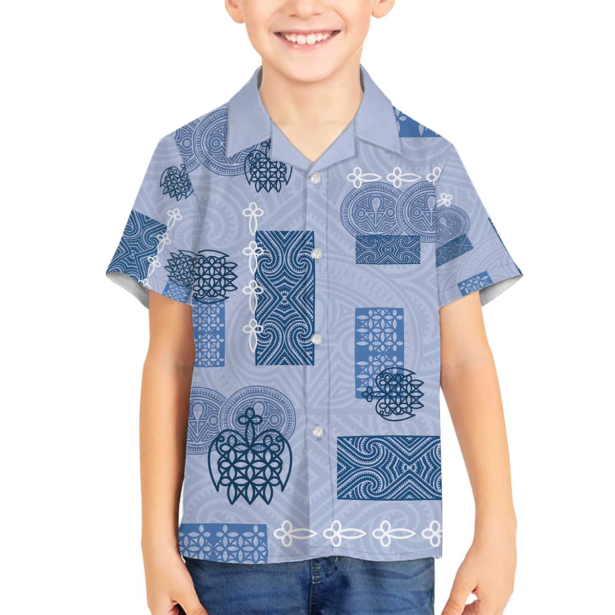 Vintage Lapita Family Matching Off The Shoulder Long Sleeve Dress and Hawaiian Shirt Iconic Double Face Pattern Blue