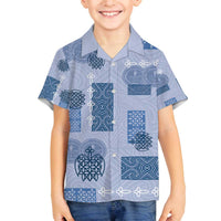 Vintage Lapita Family Matching Off The Shoulder Long Sleeve Dress and Hawaiian Shirt Iconic Double Face Pattern Blue