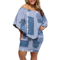 Vintage Lapita Family Matching Off Shoulder Short Dress and Hawaiian Shirt Iconic Double Face Pattern Blue