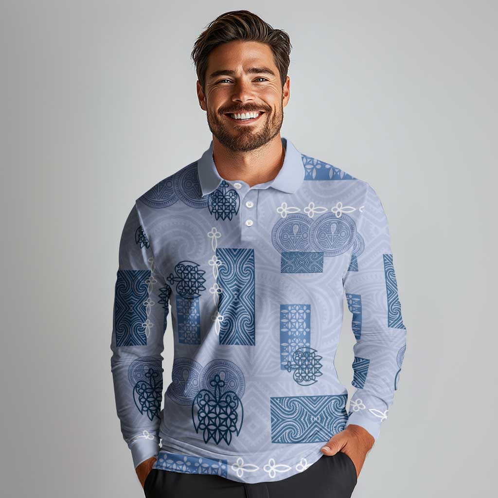 Vintage Lapita Long Sleeve Polo Shirt Iconic Double Face Pattern Blue