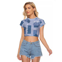 Vintage Lapita Raglan Cropped T Shirt Iconic Double Face Pattern Blue