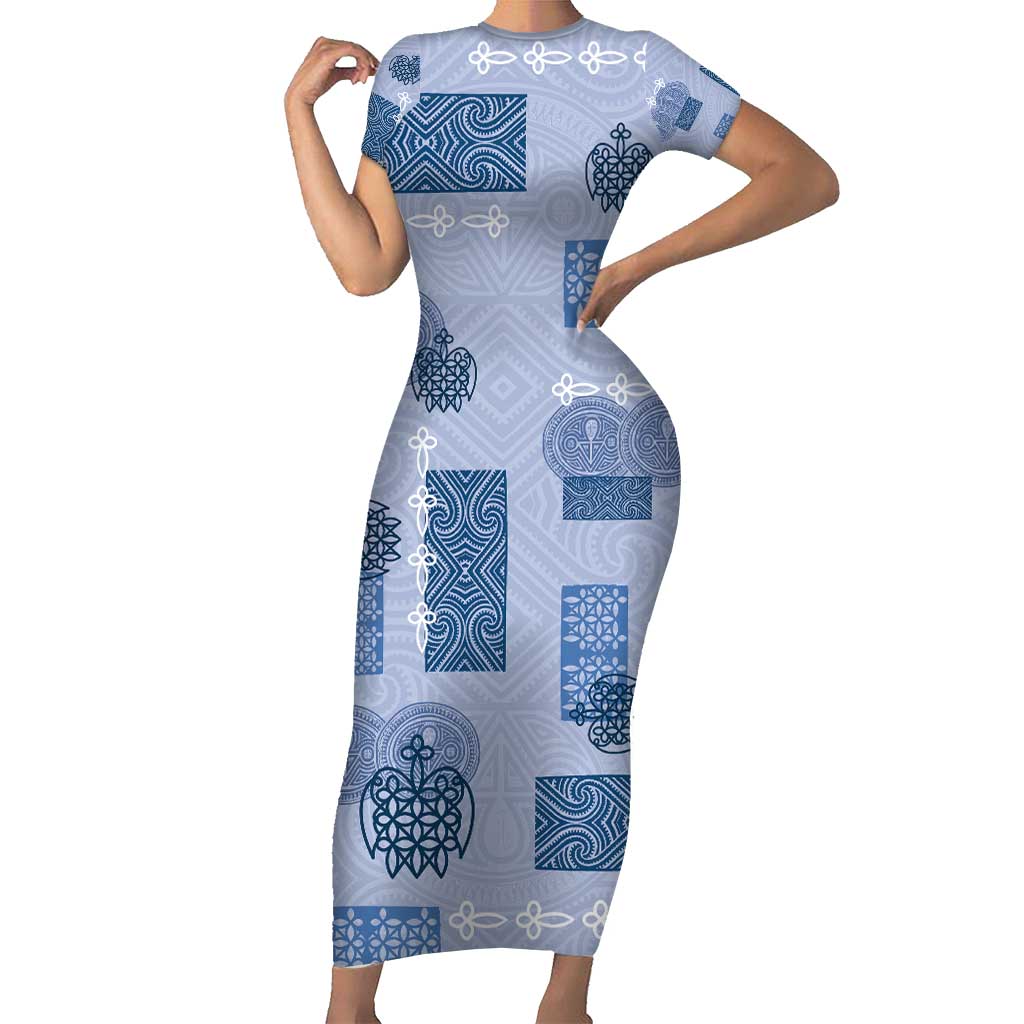 Vintage Lapita Short Sleeve Bodycon Dress Iconic Double Face Pattern Blue