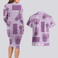 Vintage Lapita Couples Matching Long Sleeve Bodycon Dress and Hawaiian Shirt Iconic Double Face Pattern Violet