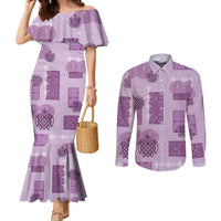 Vintage Lapita Couples Matching Mermaid Dress and Long Sleeve Button Shirt Iconic Double Face Pattern Violet