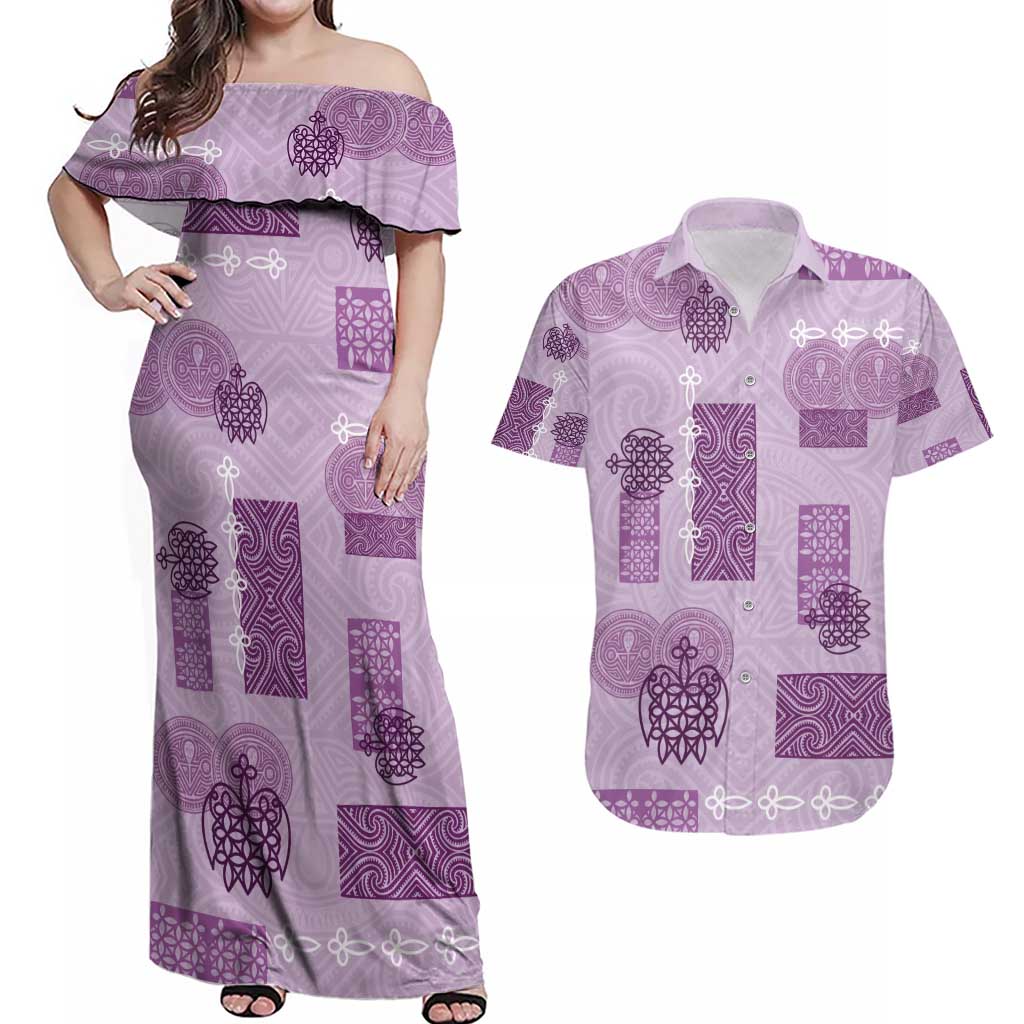 Vintage Lapita Couples Matching Off Shoulder Maxi Dress and Hawaiian Shirt Iconic Double Face Pattern Violet