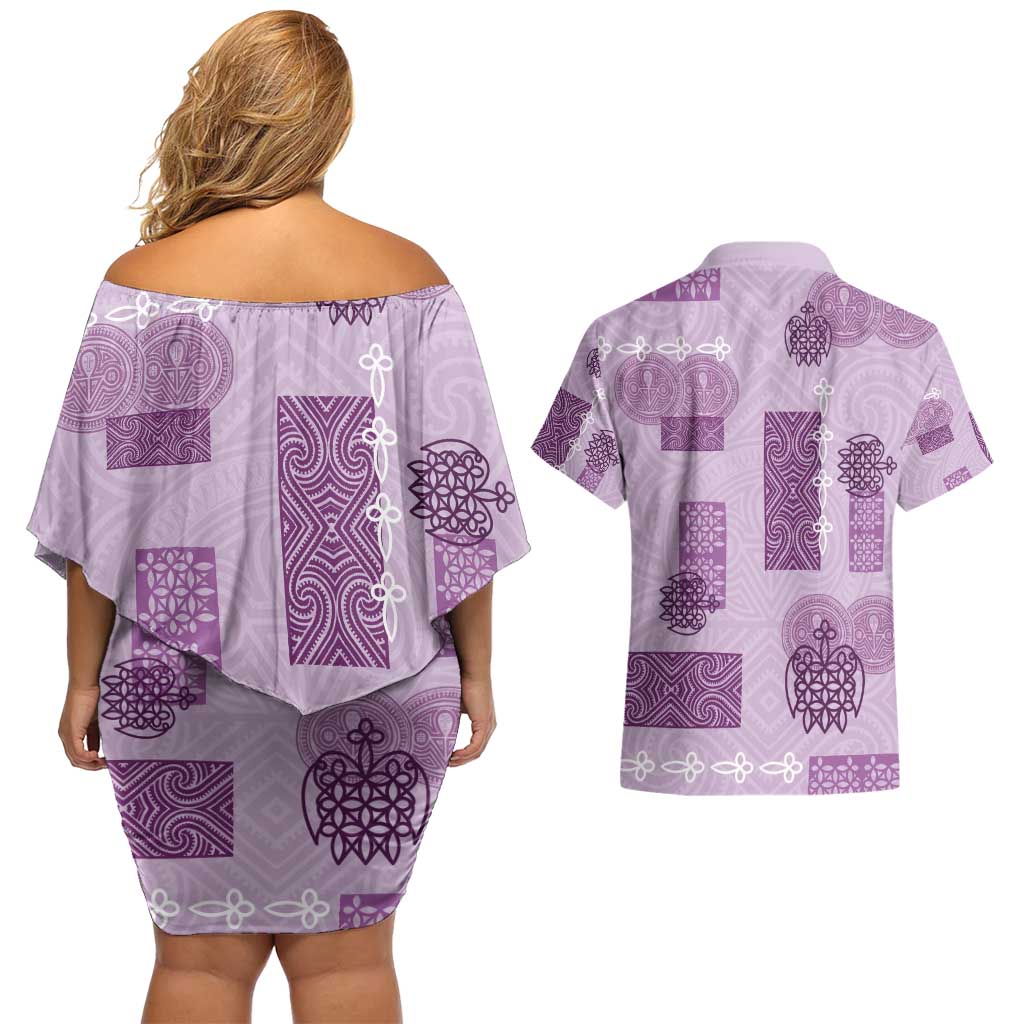 Vintage Lapita Couples Matching Off Shoulder Short Dress and Hawaiian Shirt Iconic Double Face Pattern Violet