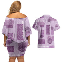 Vintage Lapita Couples Matching Off Shoulder Short Dress and Hawaiian Shirt Iconic Double Face Pattern Violet