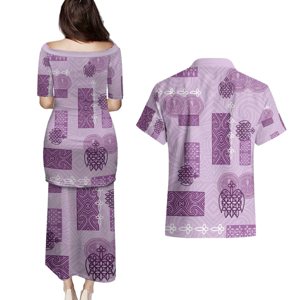 Vintage Lapita Couples Matching Puletasi and Hawaiian Shirt Iconic Double Face Pattern Violet