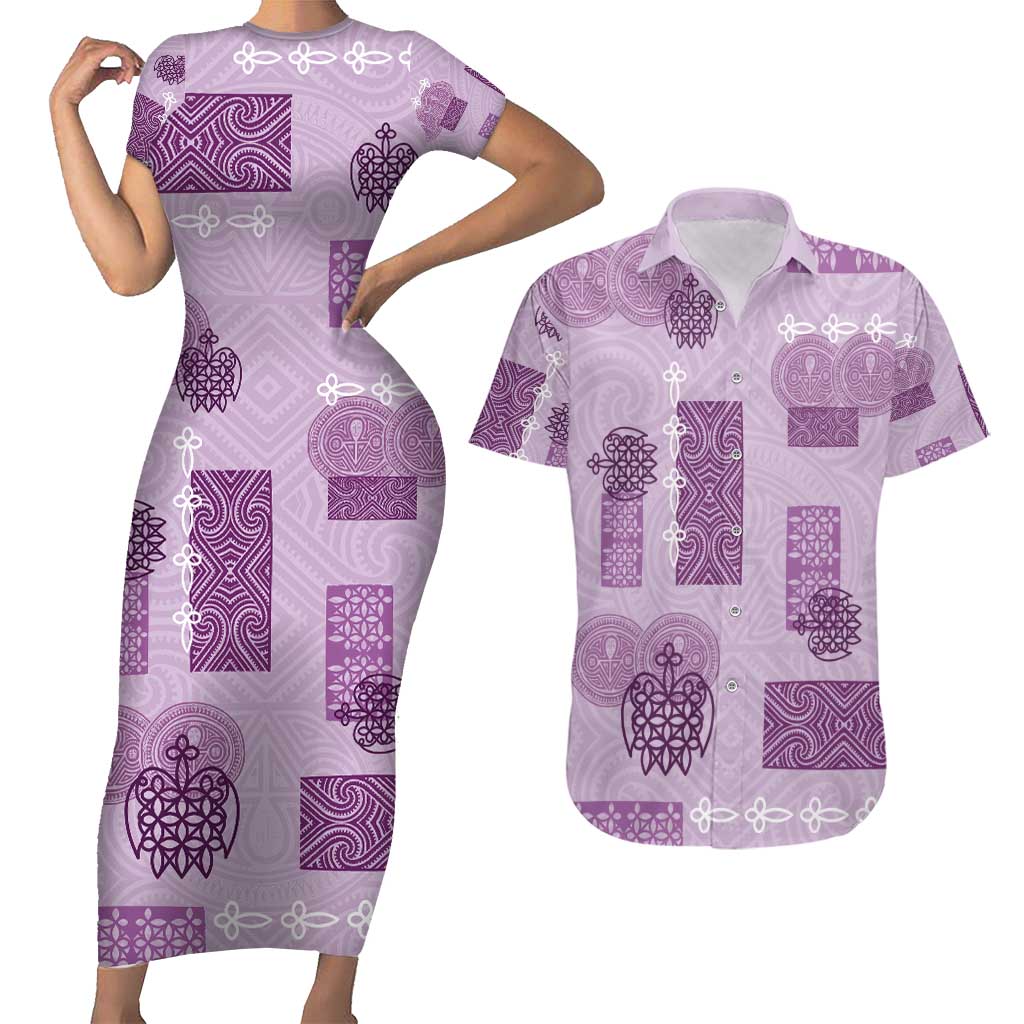 Vintage Lapita Couples Matching Short Sleeve Bodycon Dress and Hawaiian Shirt Iconic Double Face Pattern Violet