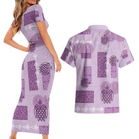 Vintage Lapita Couples Matching Short Sleeve Bodycon Dress and Hawaiian Shirt Iconic Double Face Pattern Violet