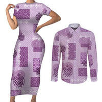 Vintage Lapita Couples Matching Short Sleeve Bodycon Dress and Long Sleeve Button Shirt Iconic Double Face Pattern Violet