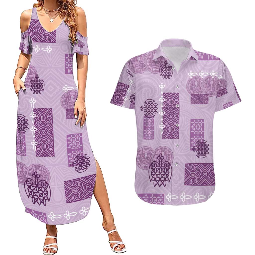 Vintage Lapita Couples Matching Summer Maxi Dress and Hawaiian Shirt Iconic Double Face Pattern Violet