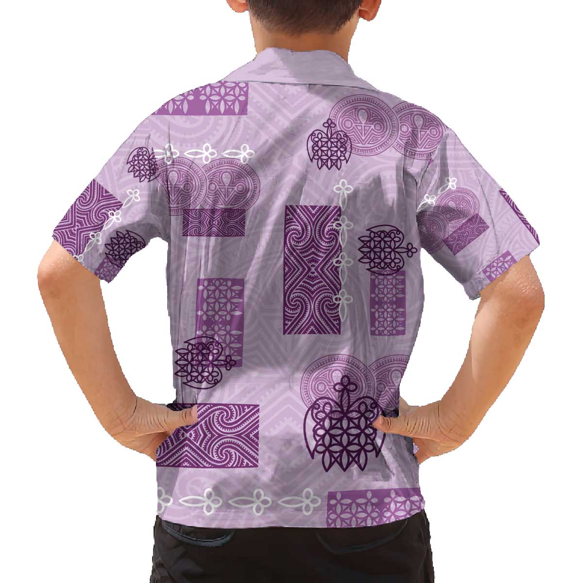 Vintage Lapita Family Matching Off The Shoulder Long Sleeve Dress and Hawaiian Shirt Iconic Double Face Pattern Violet