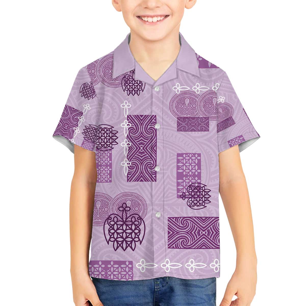 Vintage Lapita Family Matching Off The Shoulder Long Sleeve Dress and Hawaiian Shirt Iconic Double Face Pattern Violet