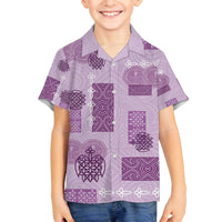 Vintage Lapita Family Matching Off The Shoulder Long Sleeve Dress and Hawaiian Shirt Iconic Double Face Pattern Violet