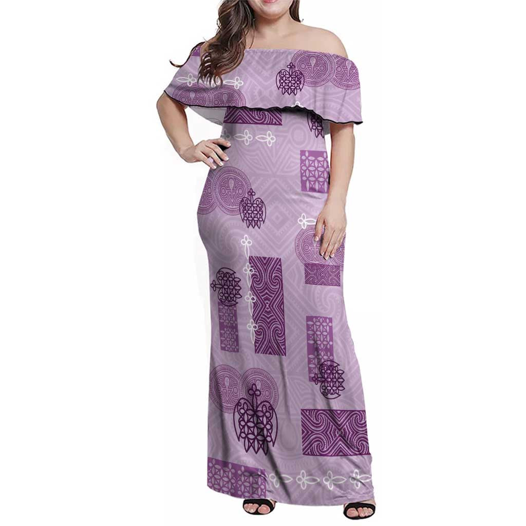 Vintage Lapita Family Matching Off Shoulder Maxi Dress and Hawaiian Shirt Iconic Double Face Pattern Violet