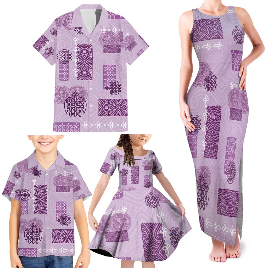 Vintage Lapita Family Matching Tank Maxi Dress and Hawaiian Shirt Iconic Double Face Pattern Violet