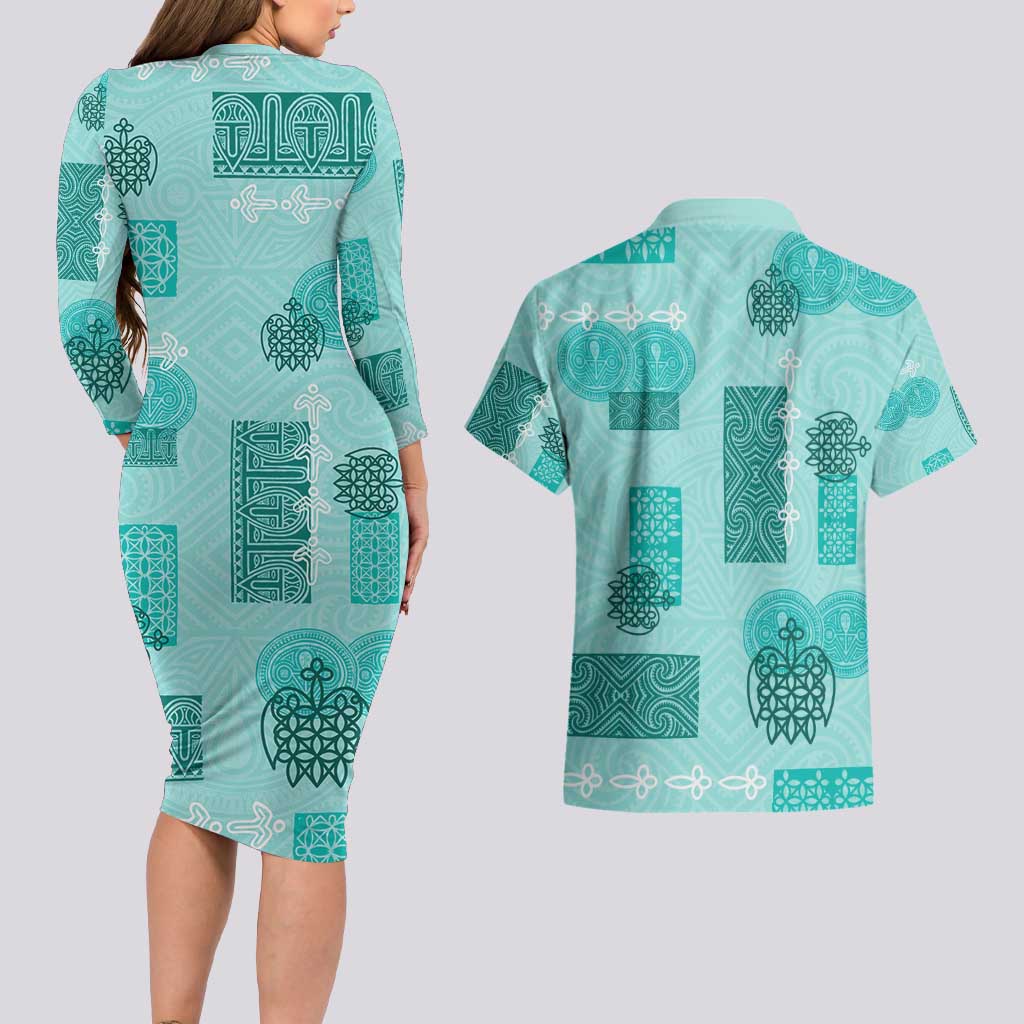 Vintage Lapita Couples Matching Long Sleeve Bodycon Dress and Hawaiian Shirt Iconic Double Face Pattern Turquoise LT05