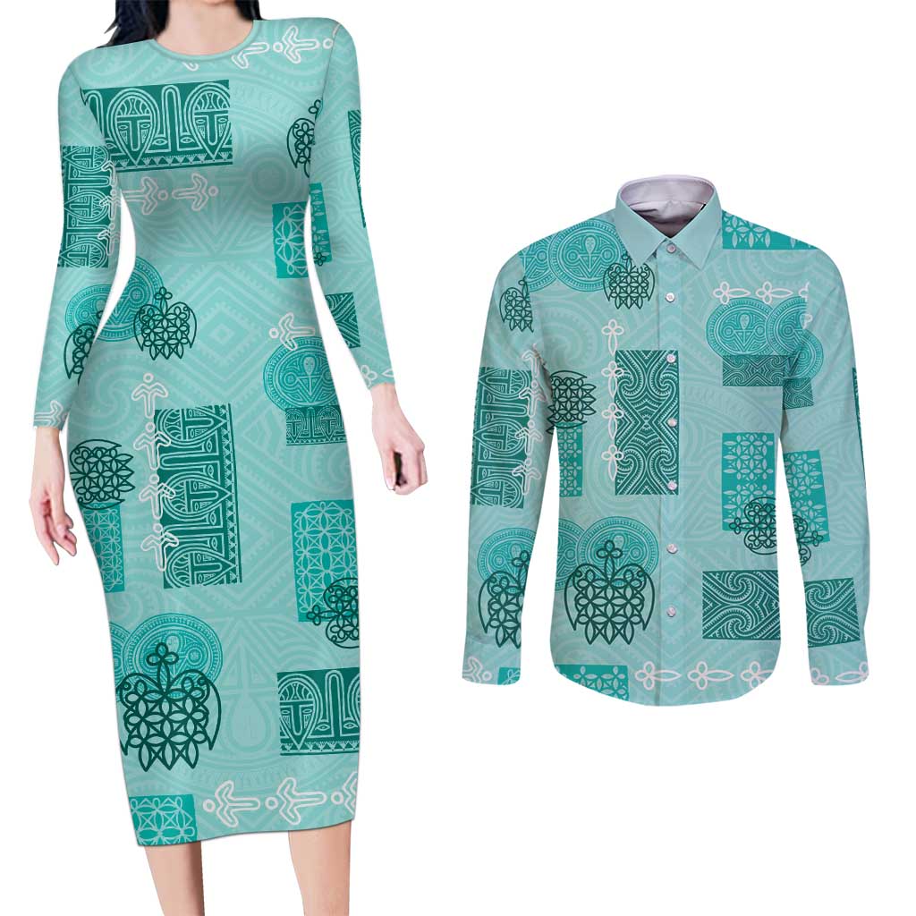Vintage Lapita Couples Matching Long Sleeve Bodycon Dress and Long Sleeve Button Shirt Iconic Double Face Pattern Turquoise LT05