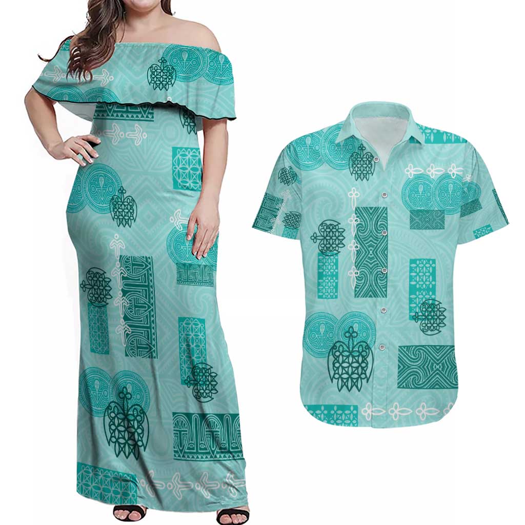 Vintage Lapita Couples Matching Off Shoulder Maxi Dress and Hawaiian Shirt Iconic Double Face Pattern Turquoise LT05