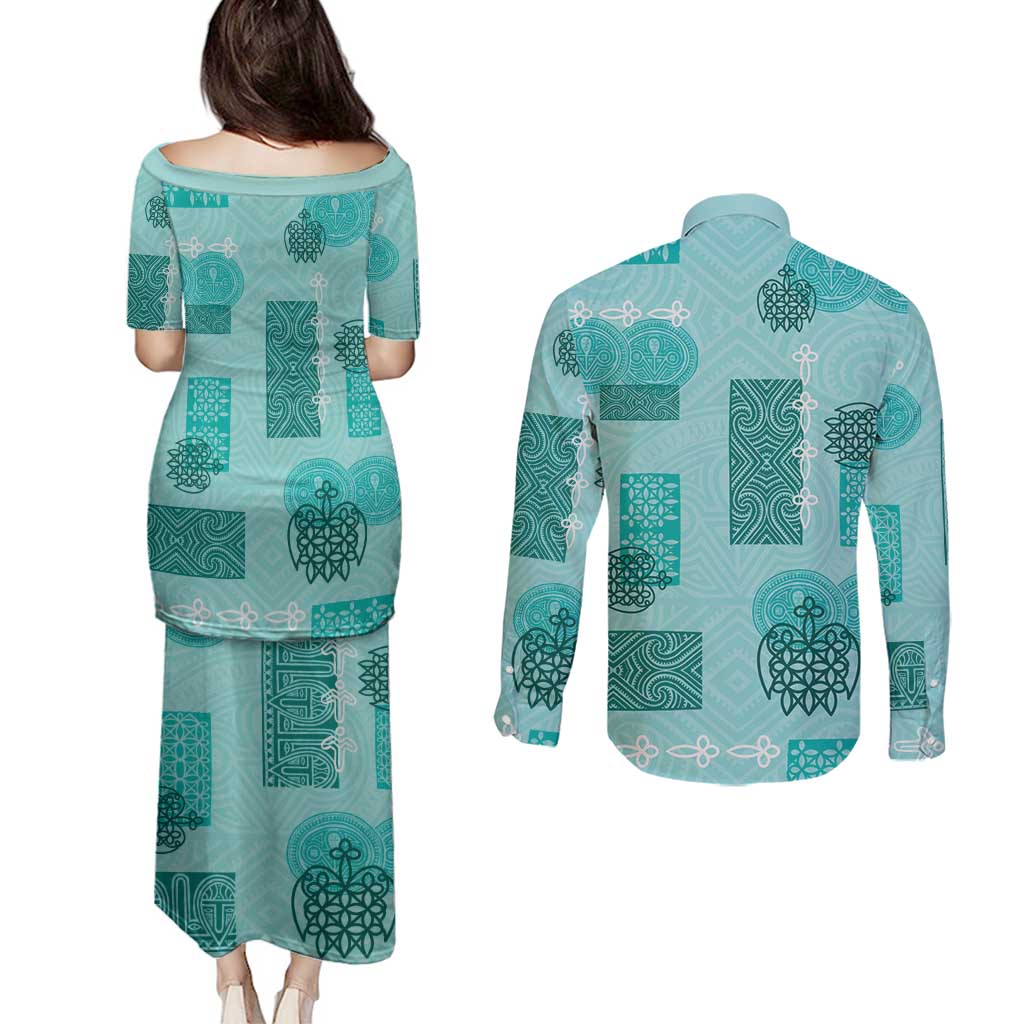 Vintage Lapita Couples Matching Puletasi and Long Sleeve Button Shirt Iconic Double Face Pattern Turquoise LT05