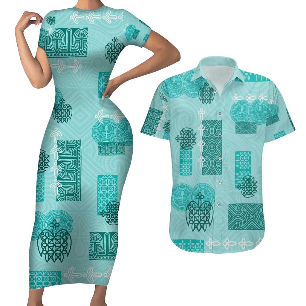 Vintage Lapita Couples Matching Short Sleeve Bodycon Dress and Hawaiian Shirt Iconic Double Face Pattern Turquoise LT05