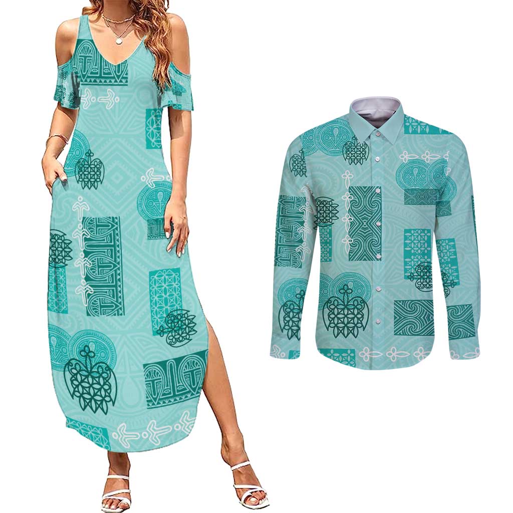 Vintage Lapita Couples Matching Summer Maxi Dress and Long Sleeve Button Shirt Iconic Double Face Pattern Turquoise LT05
