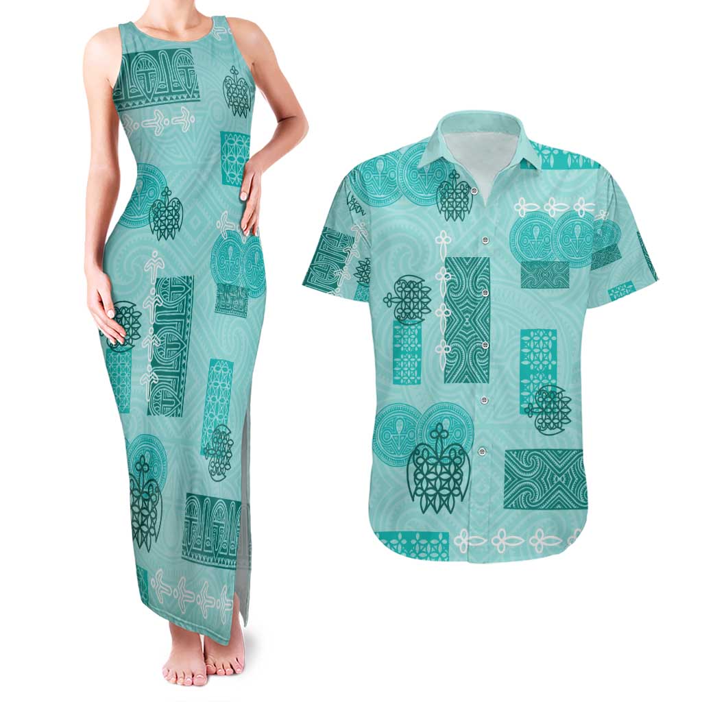 Vintage Lapita Couples Matching Tank Maxi Dress and Hawaiian Shirt Iconic Double Face Pattern Turquoise LT05