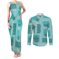 Vintage Lapita Couples Matching Tank Maxi Dress and Long Sleeve Button Shirt Iconic Double Face Pattern Turquoise LT05