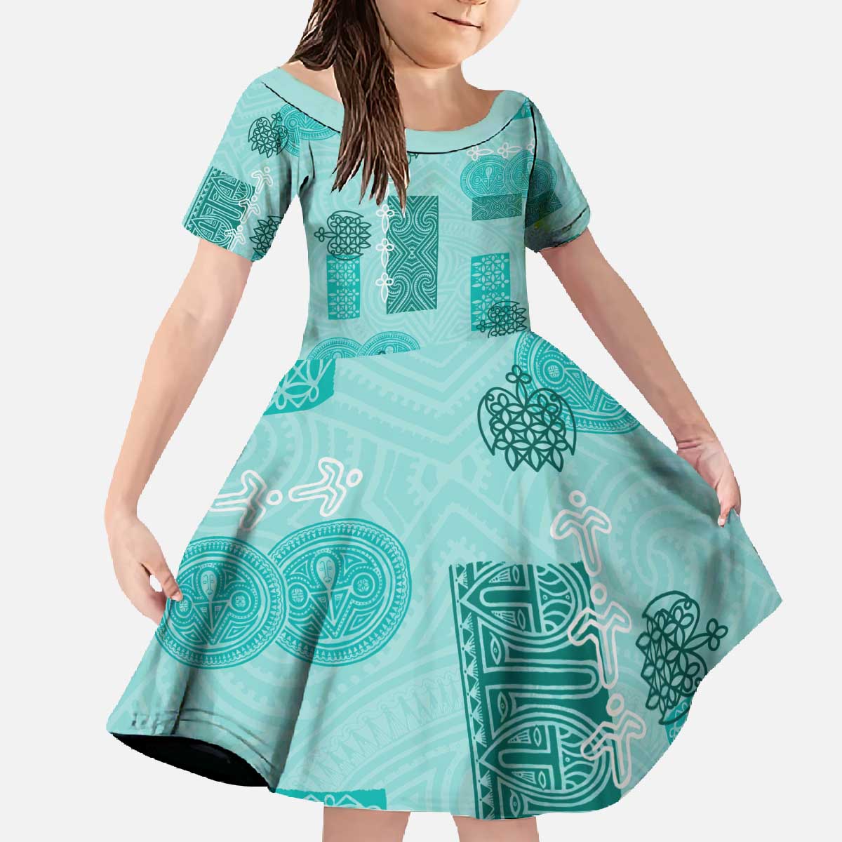 Vintage Lapita Family Matching Off The Shoulder Long Sleeve Dress and Hawaiian Shirt Iconic Double Face Pattern Turquoise LT05