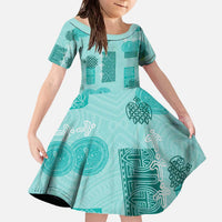 Vintage Lapita Family Matching Off The Shoulder Long Sleeve Dress and Hawaiian Shirt Iconic Double Face Pattern Turquoise LT05
