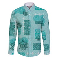 Vintage Lapita Family Matching Off The Shoulder Long Sleeve Dress and Hawaiian Shirt Iconic Double Face Pattern Turquoise LT05