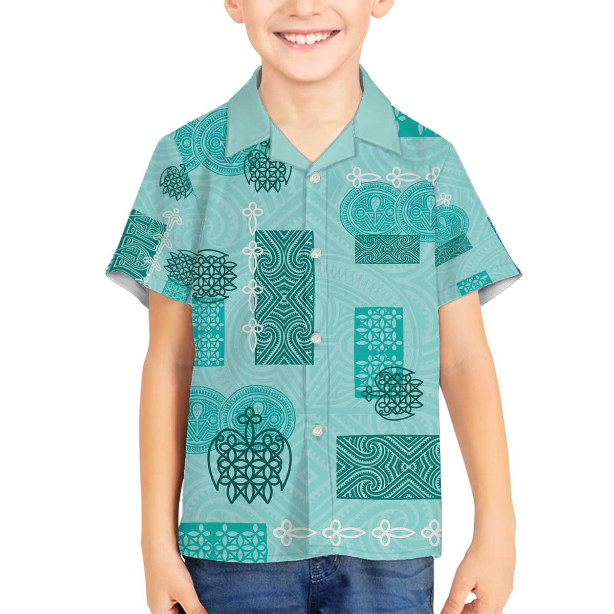 Vintage Lapita Family Matching Off The Shoulder Long Sleeve Dress and Hawaiian Shirt Iconic Double Face Pattern Turquoise LT05