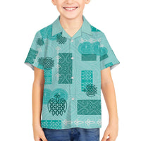 Vintage Lapita Family Matching Off The Shoulder Long Sleeve Dress and Hawaiian Shirt Iconic Double Face Pattern Turquoise LT05