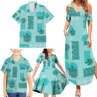 Vintage Lapita Family Matching Summer Maxi Dress and Hawaiian Shirt Iconic Double Face Pattern Turquoise LT05