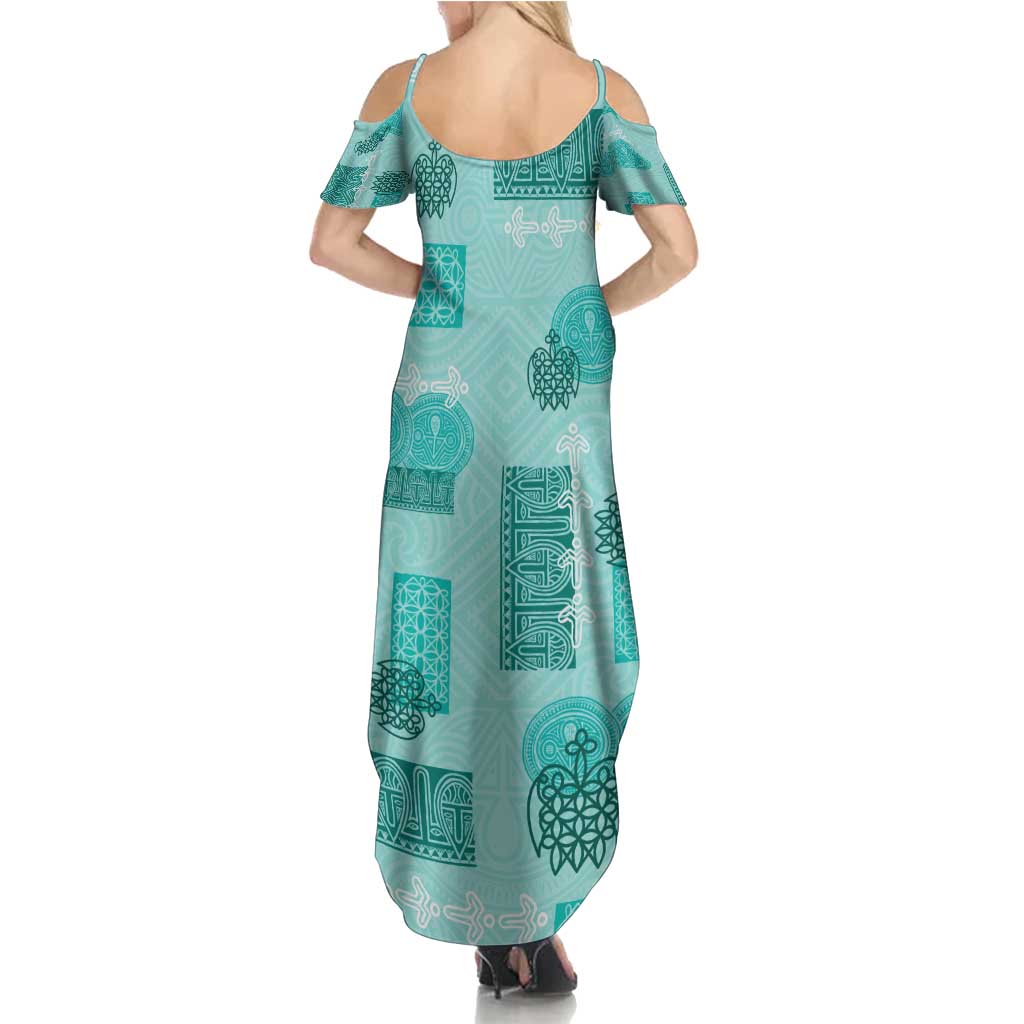 Vintage Lapita Family Matching Summer Maxi Dress and Hawaiian Shirt Iconic Double Face Pattern Turquoise LT05